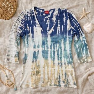 Boho Tie Dye V Neck Top Small Blue Ombre Festival Hippie 3/4 Sleeve